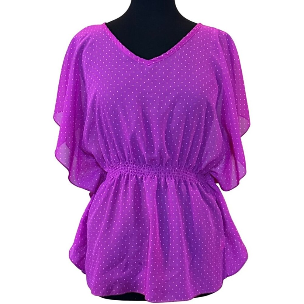 Cherokee Polka Dot Purple Fuchsia Flutter Sleeve Blouse Girl's Youth Size XL